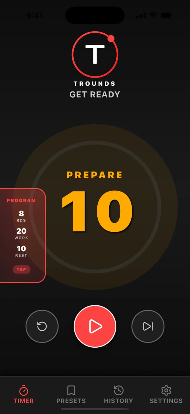 TRounds timer showing a 20-second work interval with circular progress ring and round counter