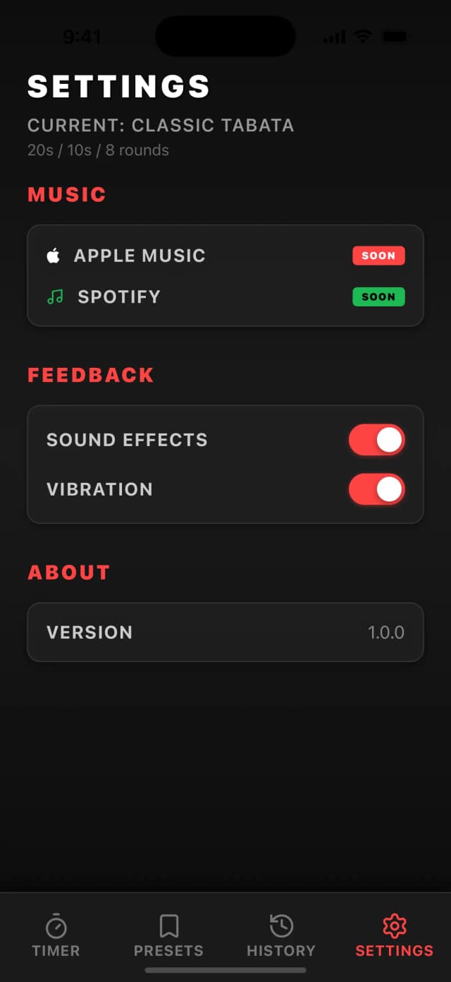TRounds settings screen with sound, haptic vibration, and music controls